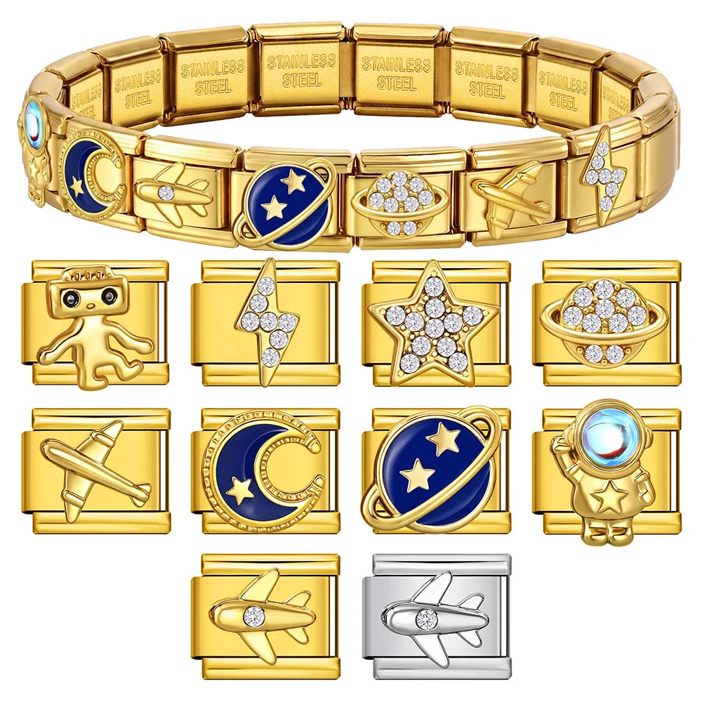 Space Exploration Series Italian Charm Bracelet Links Stainless Steel Astronaut Planet Rocket Airplane Robot Rhinestone Enamel DIY Modular Jewelry Components