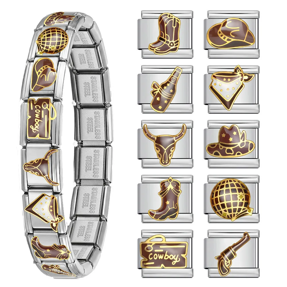 Vintage Western Cowboy Italian Charm Bracelet Links Stainless Steel Enamel DIY Jewelry Splicing Bracelet Accessory For Men Women