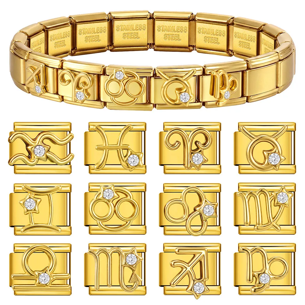 Ciondolo Modulare Italiano in Acciaio Inossidabile Oro con Segni Zodiacali e Strass per Bracciale Gioielli DIY Regalo Donna