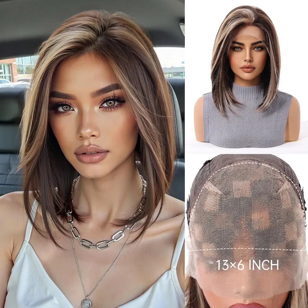 13x6 Lace Front Bob Perücke Für Damen Kurz Gerade Ombre Blond Braun Kunsthaar Natürlicher Haaransatz Party Vollperücke