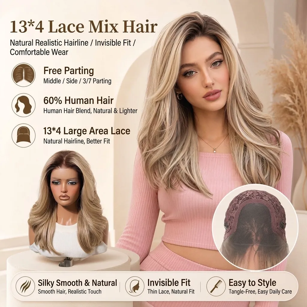 Όμπρε Ξανθό 13x4 Lace Front Περούκα Μείγμα Φυσικής Τρίχας Μακριά Σγουρά Κυματιστά Μαλλιά για Γυναίκες Φυσική Γραμμή Μαλλιών Καθημερινό Πάρτι