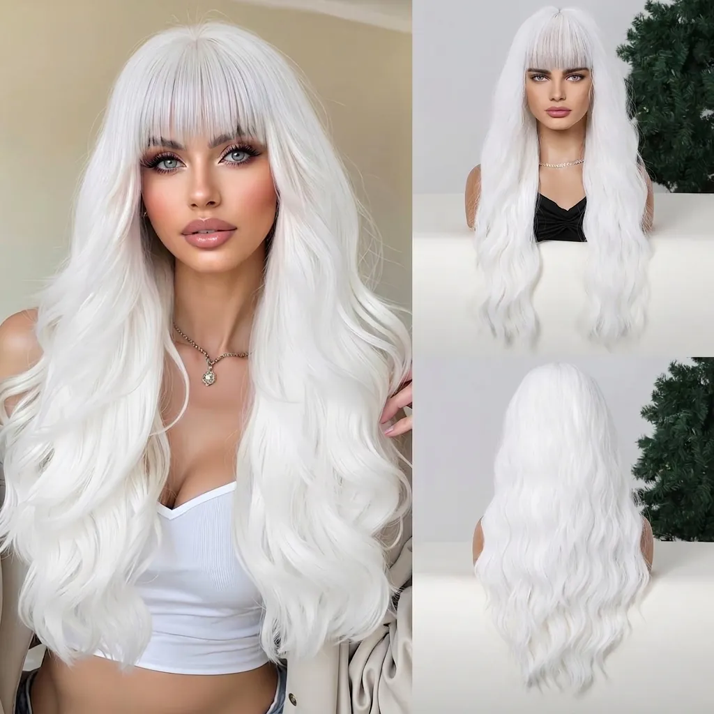 Women Long Curly Synthetic Wig With Blunt Bangs High Temperature Silk Wave Hairpiece For Cosplay Festival Party Hair Wig