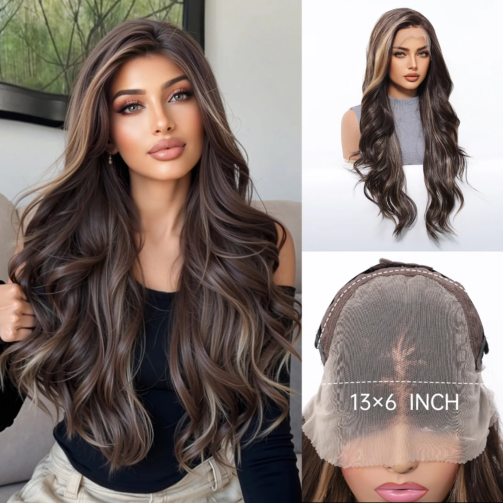 Women's 13x6 Lace Front Wig Long Curly Wave Synthetic High-Temperature Fiber Hair Deep Brown Ombre Highlights Breathable Wig