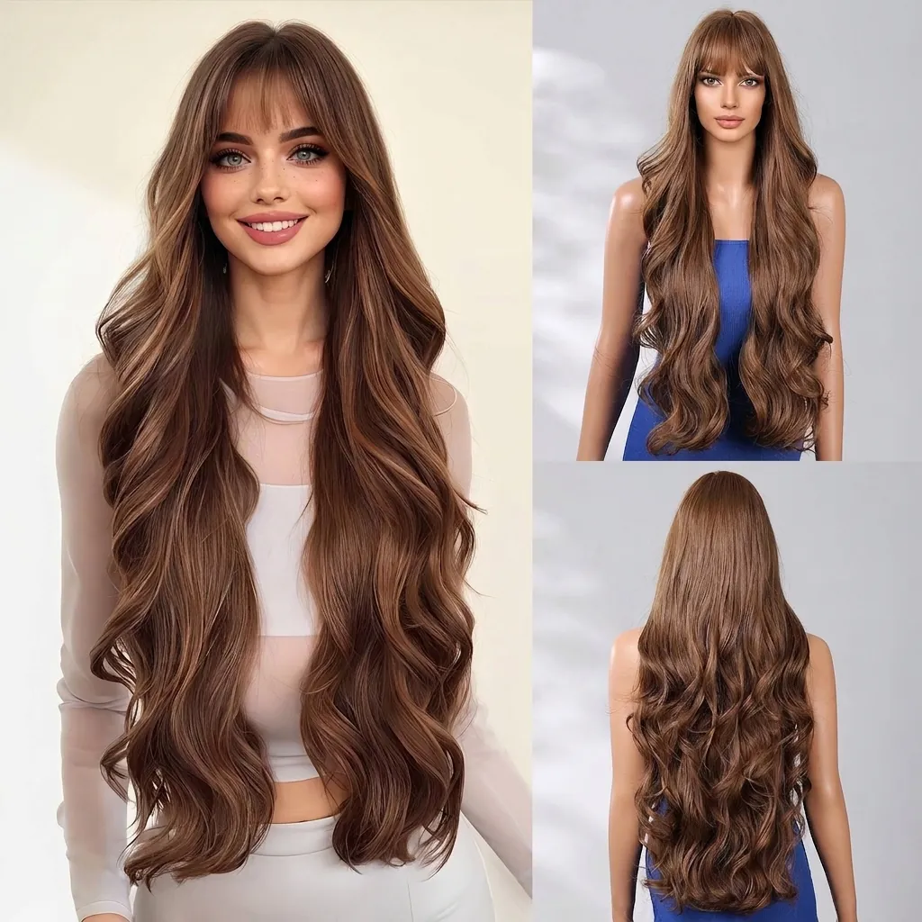 Long Wavy Synthetic Wig With Flat Bangs Heat Resistant Fiber Ombre Brown Blonde Long Curly Full Hair Wig For Women Daily Party Use