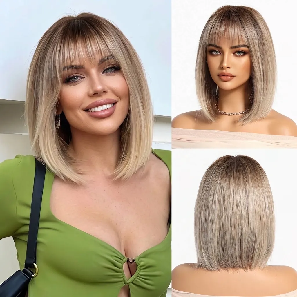 Short Straight Bob Wig With Bangs Ombre Blonde Synthetic Heat Resistant Fiber Wig For Women Natural Looking Party Daily Use