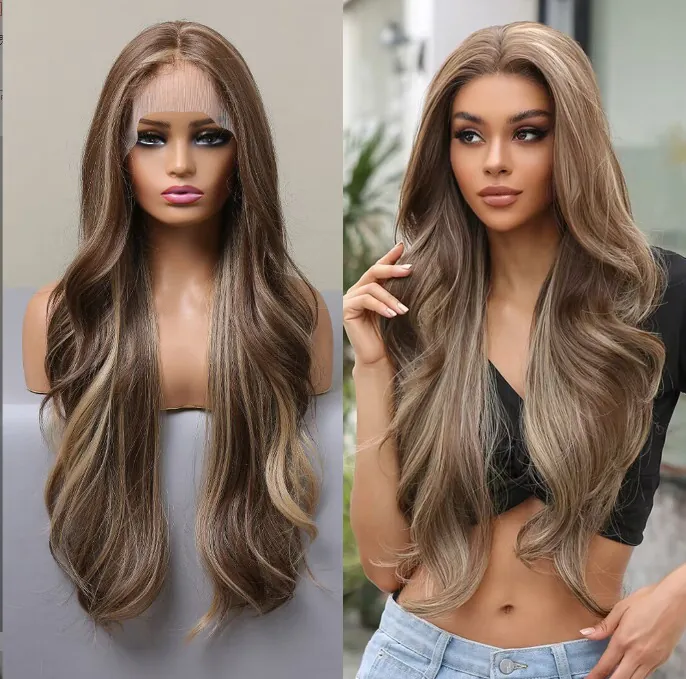 Μακριά Κυματιστή Περούκα Lace Front για Γυναίκες Όμπρε Καφέ Ξανθό Συνθετική Ίνα Μικτό Χρώμα Χωρίστρα στη Μέση Ανθεκτική στη Θερμότητα
