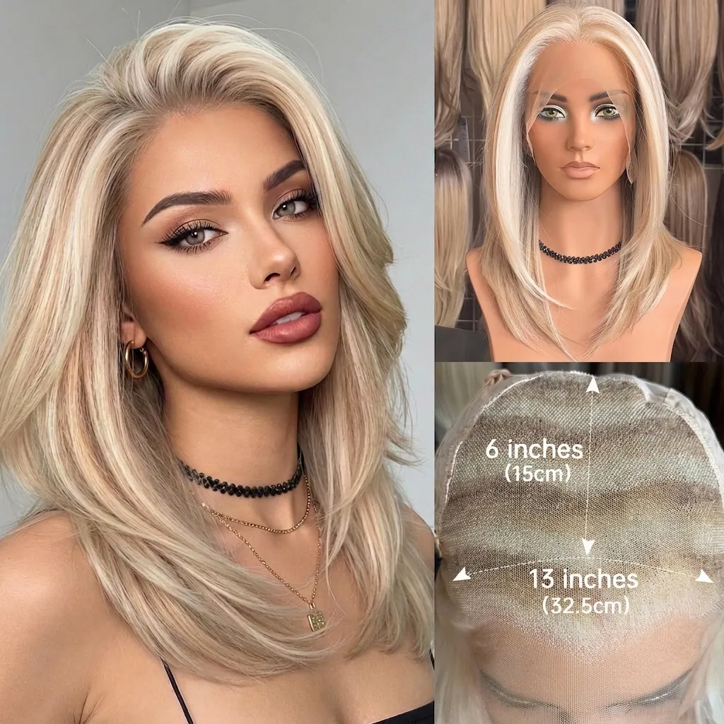 Hand-Woven Large Area Lace Front Wig Synthetic Platinum Blonde Straight Bob Wigs For Women Heat Resistant Daily Hair Wig