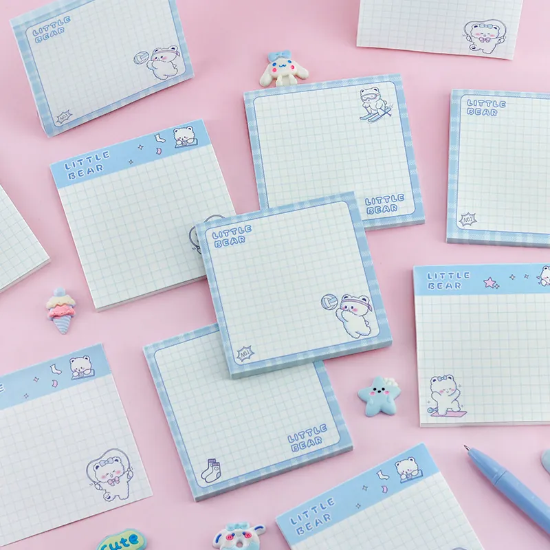Schattige Kleine Beer Blauw Raster Plaknotities Vierkant Notitieblok Cartoon Dier Patroon Briefpapier Voor School Kantoor Bericht Opname