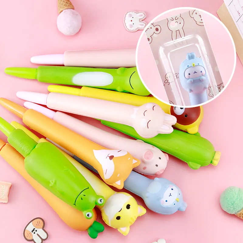 Cute Squishy Gel Pen Slow Rebound Cartoon Animal Soft Stress Relief Writing Pen for Students Reward Carrot Cat Paw Pig Unicorn Corgi Stationery Gift