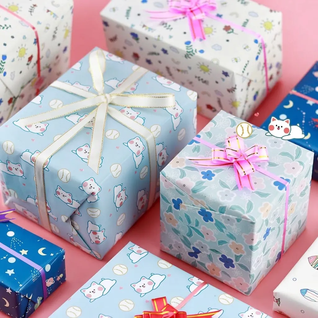 Cartoon Gift Wrapping Paper Colorful Cat Floral Starry Sky Patterns DIY Book Covers Material For Gift Boxes Decoration