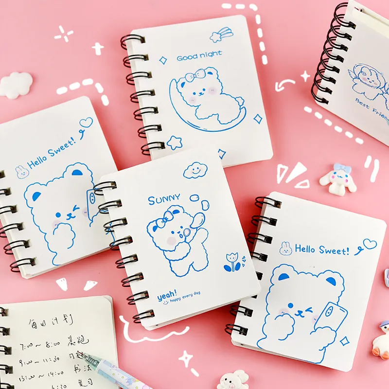 Mini Cuaderno de Espiral de Oso Blanco de Dibujos Animados Diario de Bolsillo Portátil para Estudiantes Bloc de Notas de Papel