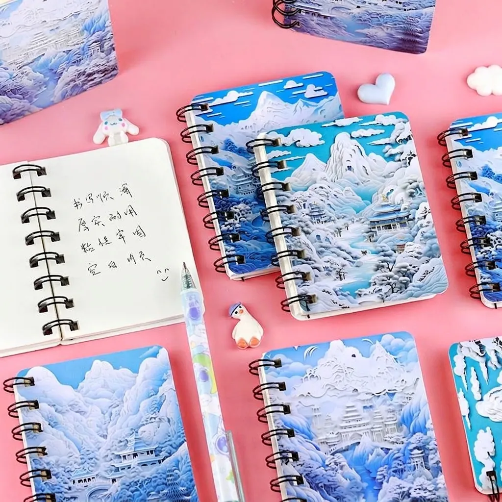 Cuaderno de Espiral Estilo Chino Diseño de Talla de Papel 3D Mini Bloc de Notas de Bolsillo Páginas en Blanco Diario de Paisaje