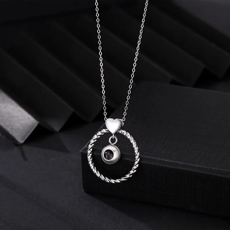 Heart Twist Ring Projection Necklace 100 Languages Copper Pendant Necklace For Women Men Personalized Fashion Jewelry Gift