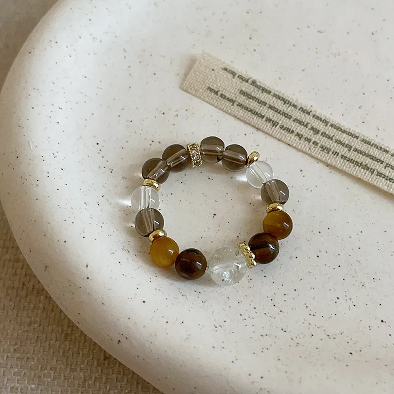Vintage Tiger Eye Crystal Beaded Elastic Ring For Women Individual Fashion Gold Plated Metal Rhinestone Charm Stretch Finger Ring Jewelry