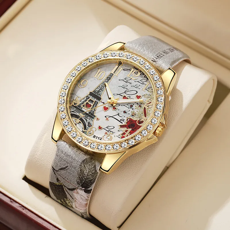 Reloj de Cuarzo para Mujer Moda Dial con Estampado Torre Eiffel Bisel de Strass Correa de Cuero Patrón Serpiente