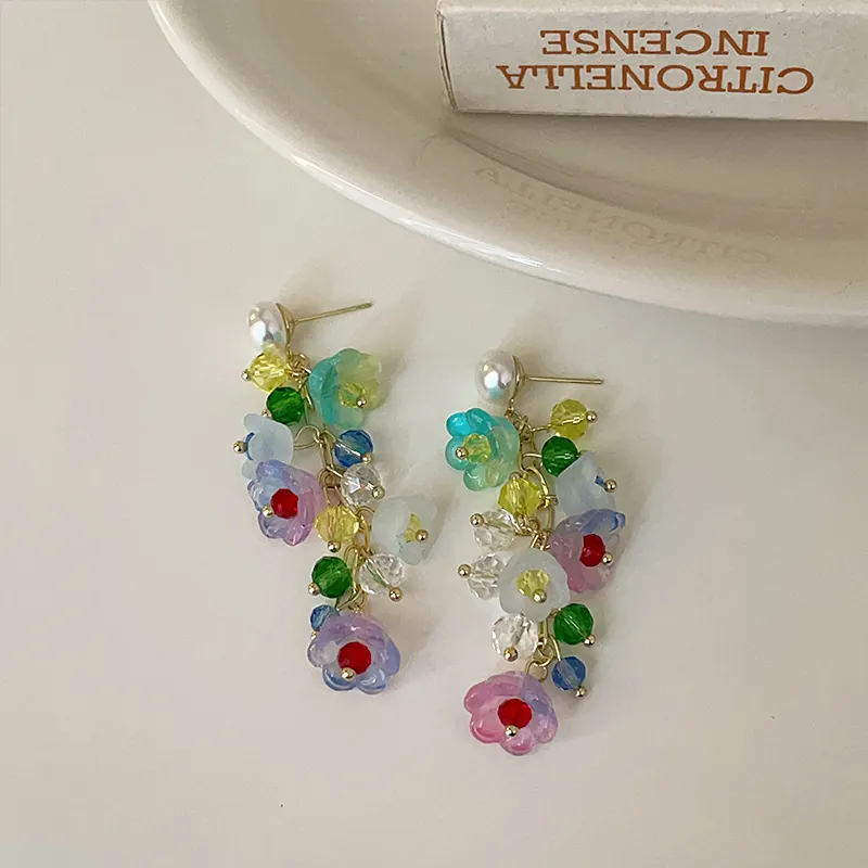 Multicolor Metal Resin Lily Of Valley Tassel Earrings 925 Sterling Silver Post Artificial Pearl Rhinestone Sweet Jewelry