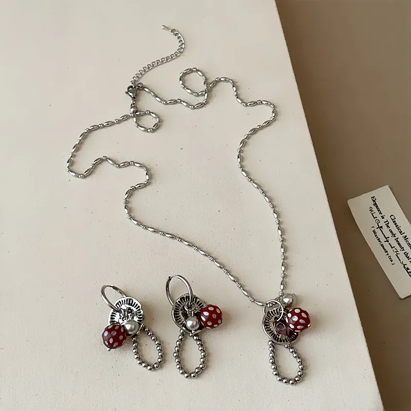 Retro Legering Kunstparel Paddenstoel Knoop Hanger Ketting Oorbellen Voor Vrouwen Gepersonaliseerde Vintage Mode Sieraden
