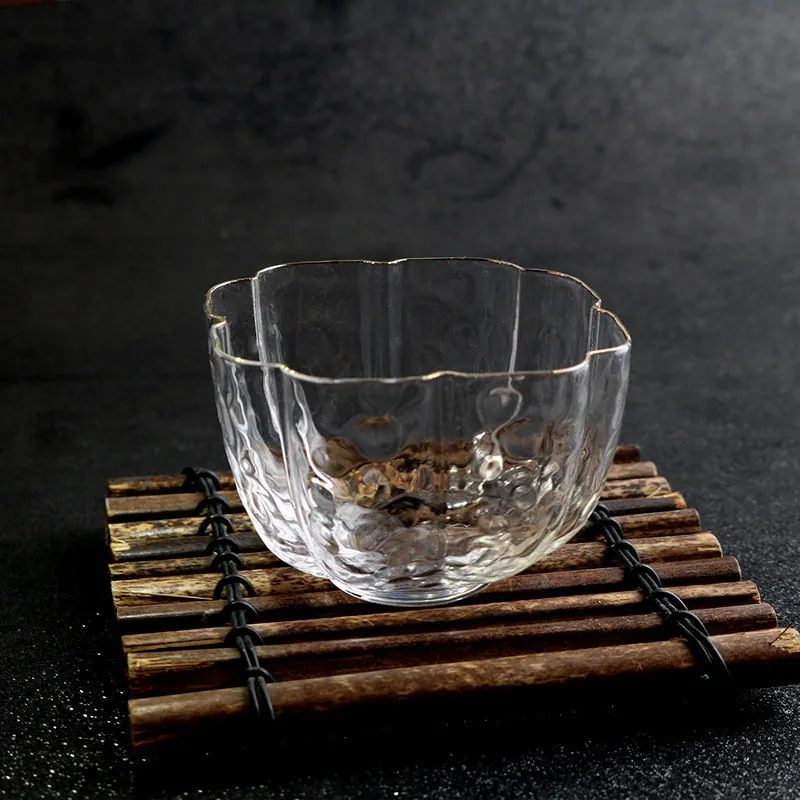 Hand-Blown Hammered Glass Teacup Luxury Retro Gold Rim Kung Fu Tea Master Cup Small Heat-Resistant Clear Glass Bowl