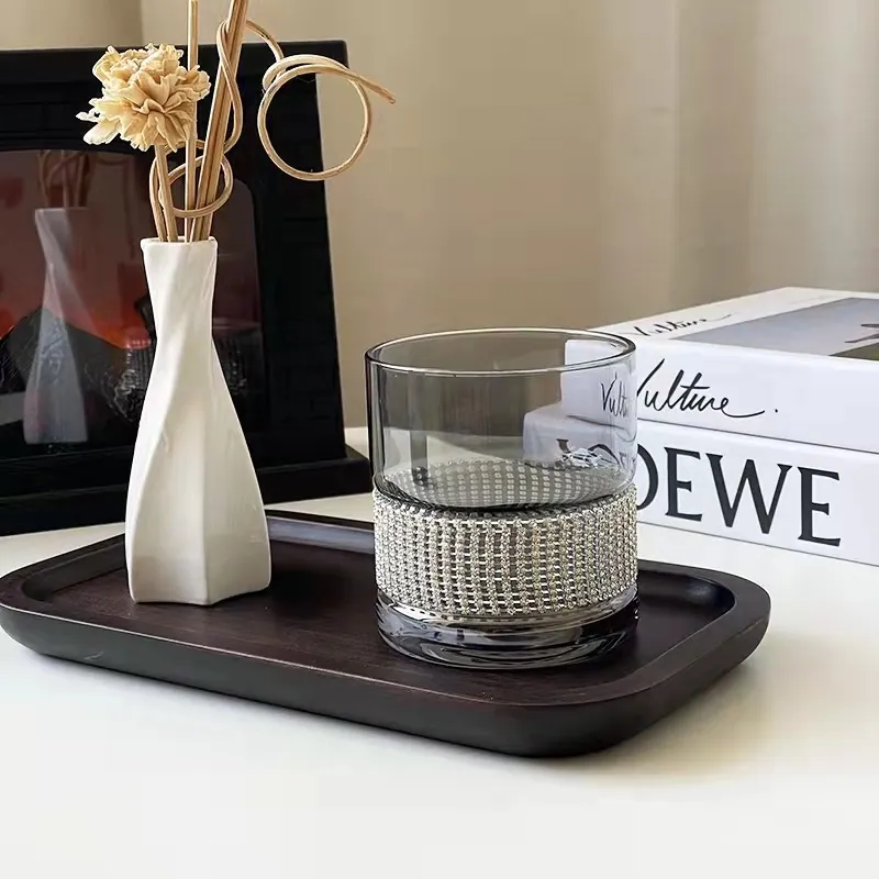 Luxury Crystal Glass Whisky Cup With Rhinestone Inlay Smoky Gray Low Ball Water Glass For Home Dining Party Drinking Gift