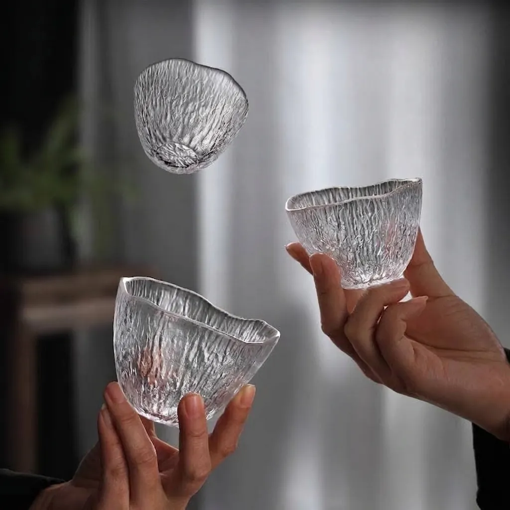 Japanischer Stil Gehämmertes Kristallglas Teetasse Regenfall Textur Hitzebeständig Transparent Meister Tasse Glaswaren