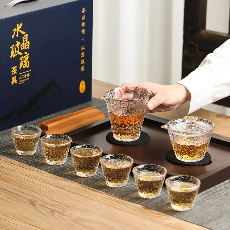 Japanisches Tee-Set aus Glas mit Hammerschlag-Textur und Goldrand Hitzebeständiger Gaiwan Teetasse Fair Cup Büro Zuhause Gongfu Tee Geschenkset