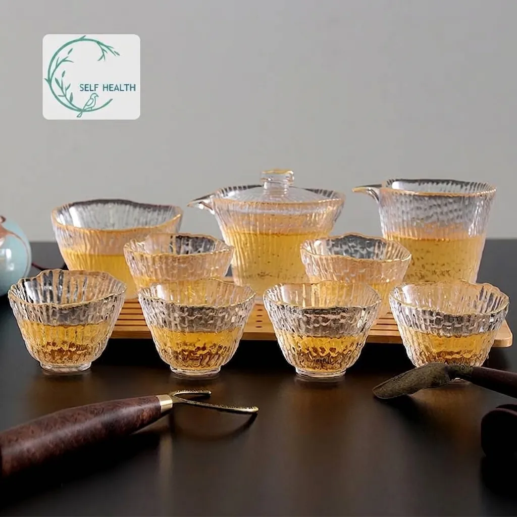 Service à Thé en Verre Martelė Style Chinois Bord Dorė Design en Bambou Gaiwan Résistant à la Chaleur Avec Coffret Cadeau