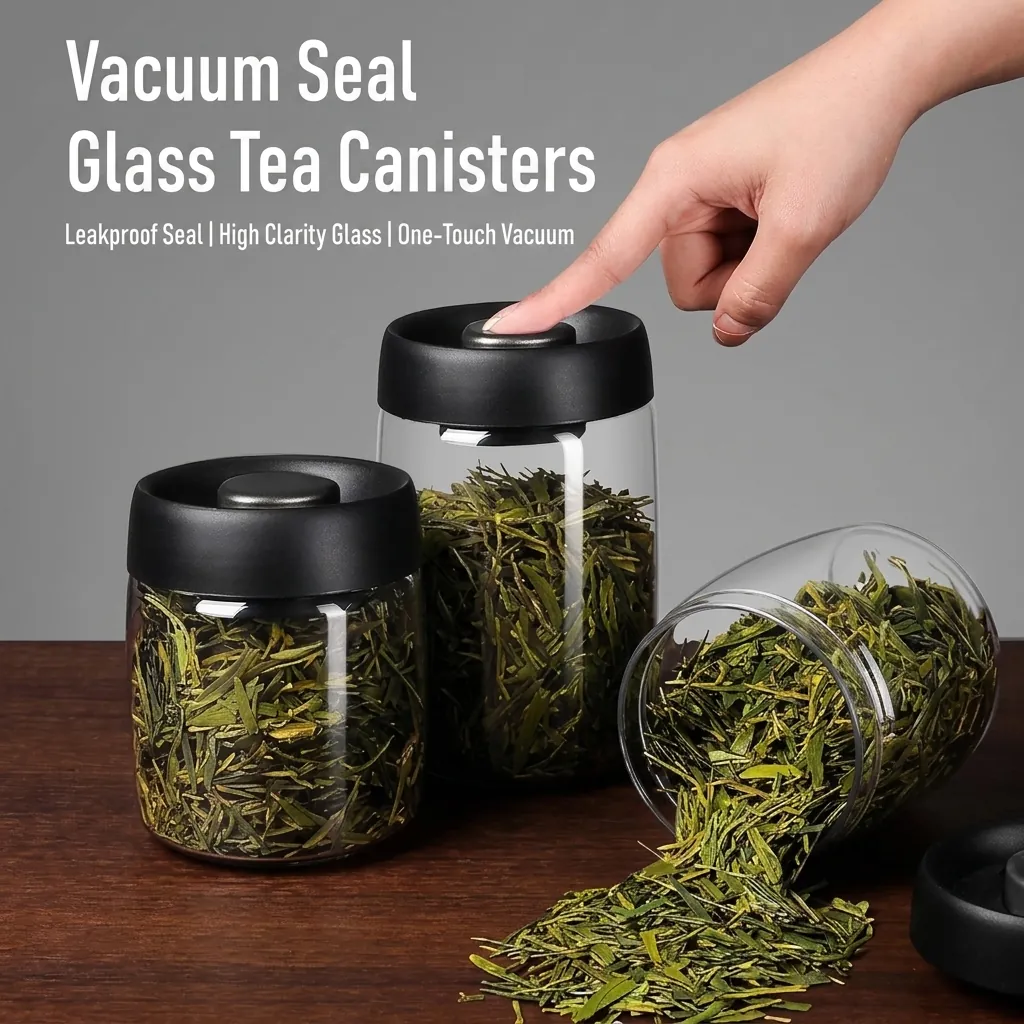Vacuum Sealed Glass Jar Manual Press Tea Canister High Borosilicate Glass Food Storage Canister For Coffee Bean Loose Tea