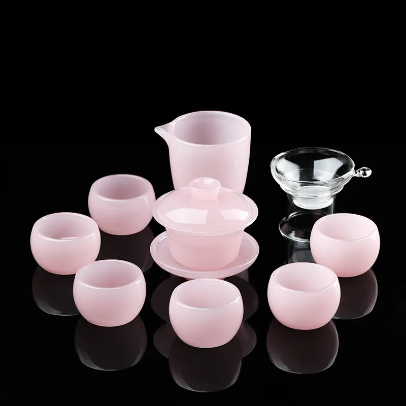 Modern Chinese Style Pink Glass Tea Kit Pink Liuli Gaiwan Fairness Cup Tea Strainer Tasting Cup For Home Office Tea Lover Gift
