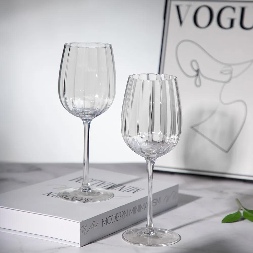 Ribbed Crystal Glass Bordeaux Wine Glass Set Hand-Blown Vertical Striped Red Wine Goblets Transparent Silver Glassware For Party Home Bar