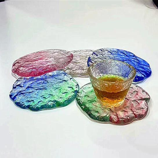 Japanischer Stil Verdickter Kristallglas Untersetzer Unregelmäßige Gehämmerte Textur Tee Tablett Transparent Farbiges Glas Teeuntertasse