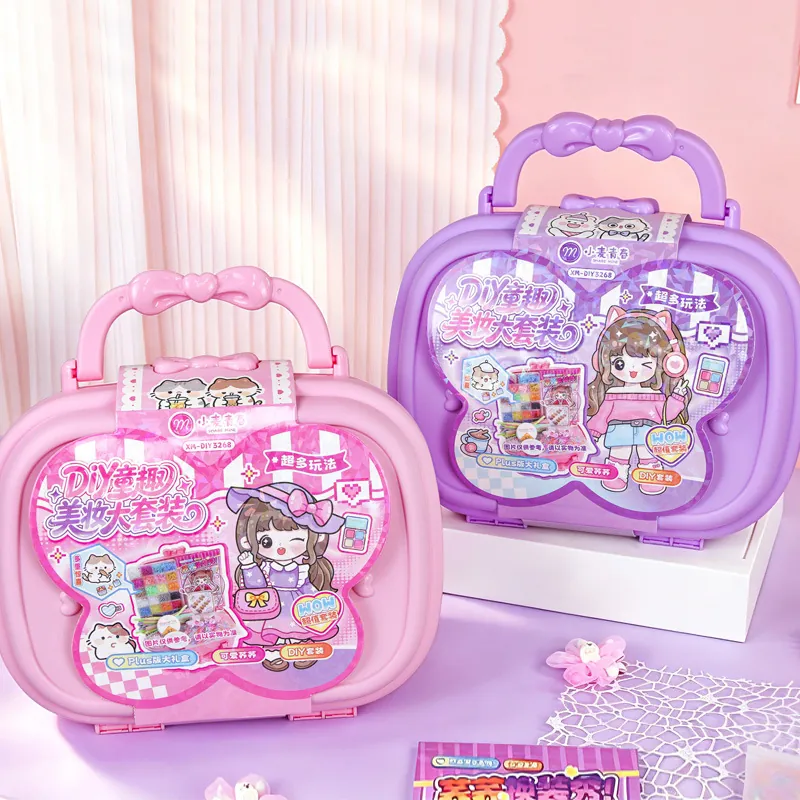 Set de Juguetes de Maquillaje DIY para Niños Caja de Papelería Educativa Hecha a Mano Estuche de Almacenamiento de Corazón con Peine Horquilla Pegatinas Cuentas Regalo de Cumpleaños para Niñas