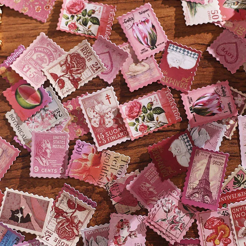 Vintage Postage Stamp Stickers 100PCS Time Traces Series Garden Style Coated Paper DIY Planner Material Decorative Decals