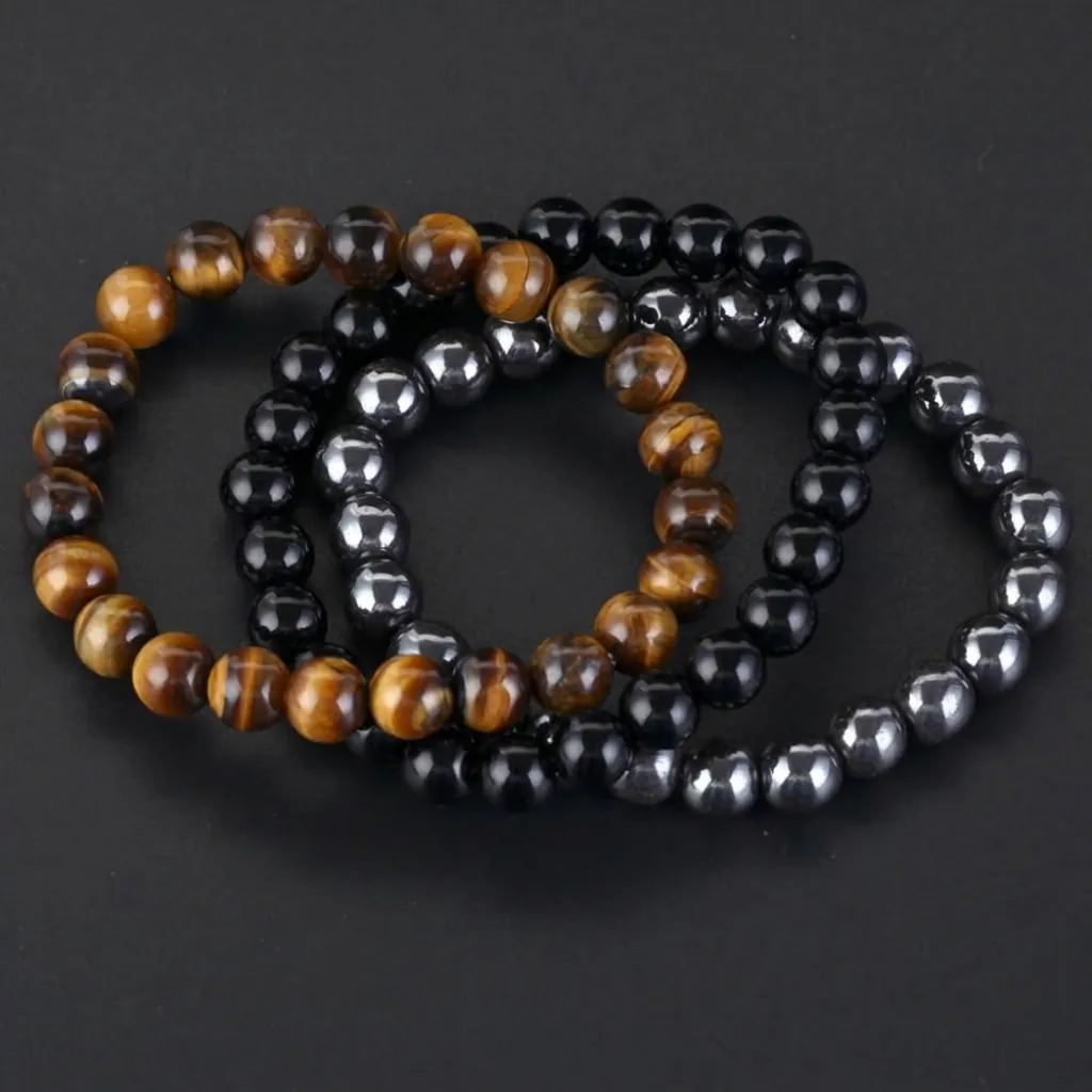Braccialetto in Perle di Pietra Naturale Onice Nero Occhio di Tigre Ematite Ametista Set Bracciale Elastico per Uomo Donna Gioielli Fatti a Mano