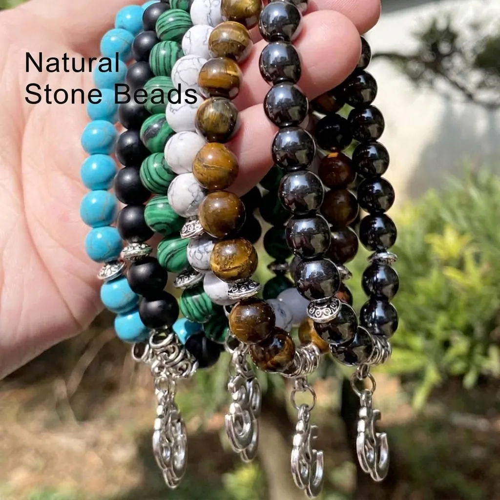 Natural Stone Beaded Bracelet For Men Women 8mm Round Beads Yoga Meditation Om Symbol Leaf Pendant Elastic Hand Chain Jewelry