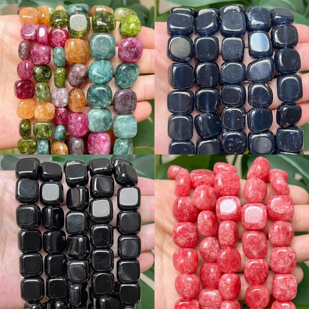 Natural Tourmaline Chalcedony Agate Flat Square Stone Beads DIY Jewelry Making Polished Semi-Precious Gemstone Loose Beads For Crafts