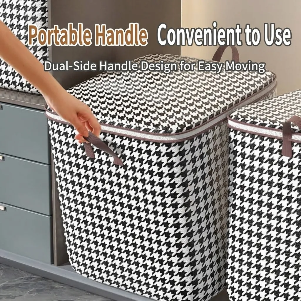 Large Capacity Houndstooth Storage Bag Non-Woven Fabric Clothes Quilt Organizer With Handle Zipper Moistureproof Closet Box