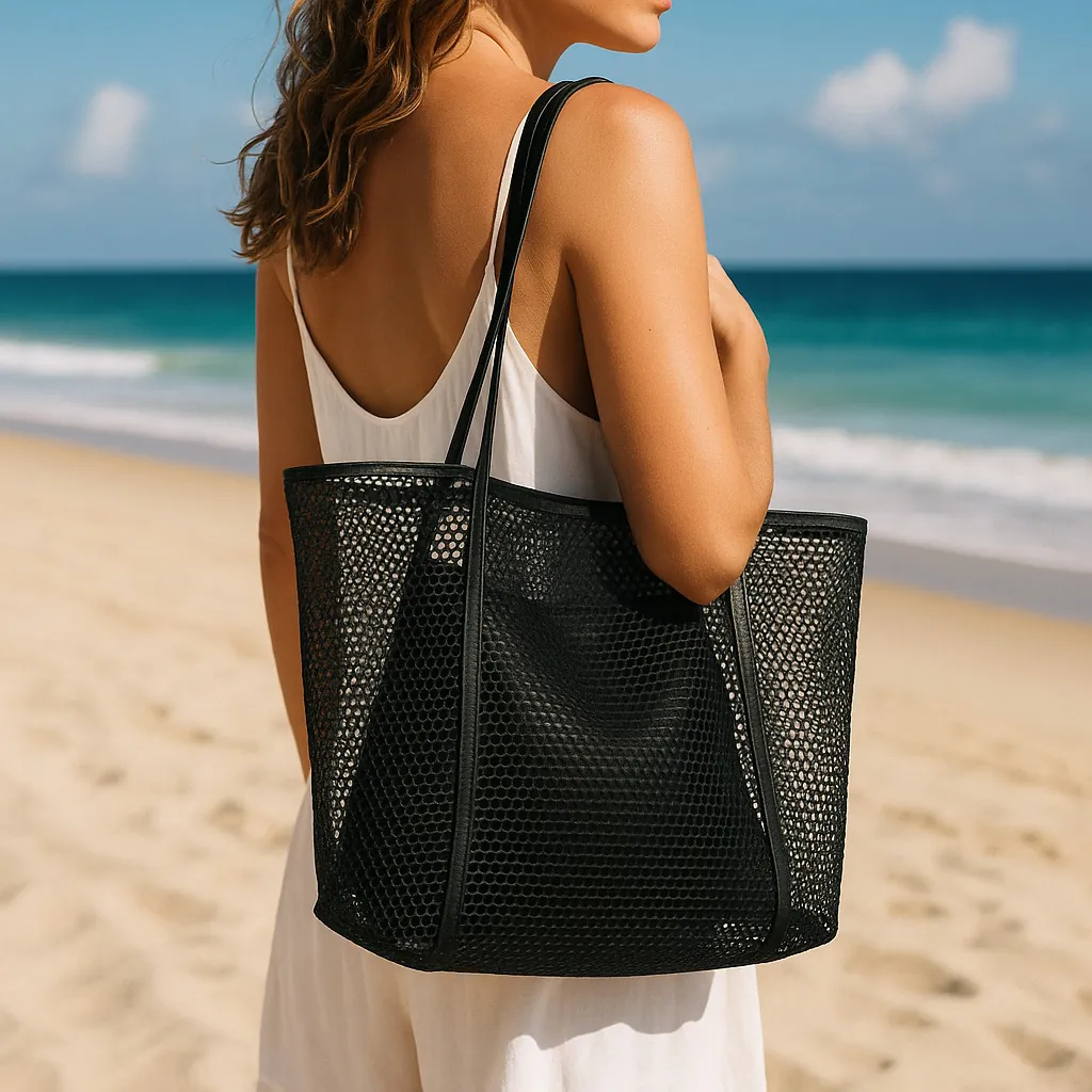 Sac de Plage en Maille de Grande Capacité Pliable en Nylon Trousse de Toilette de Voyage Sac Cabas Portable pour Natation Sport