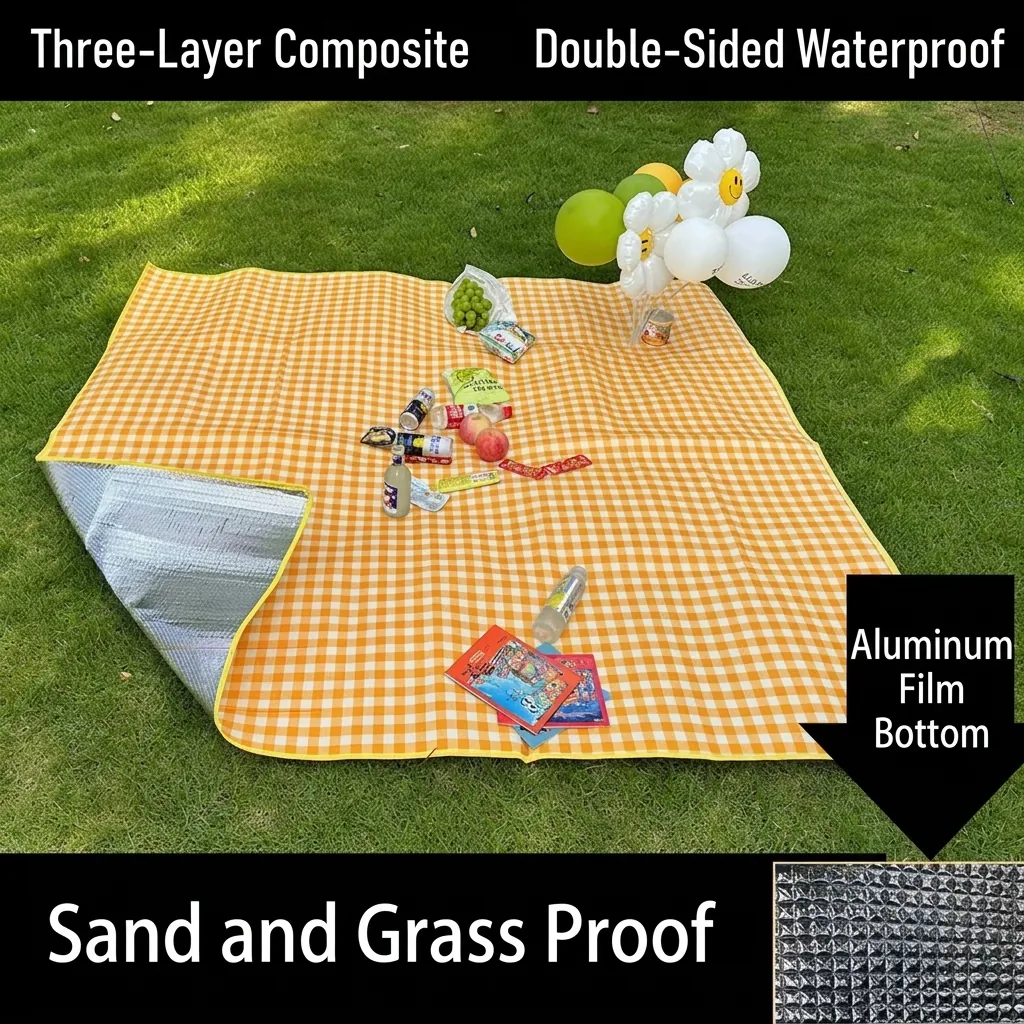 Aluminum Film Picnic Mat Waterproof Moisture Proof Folding Camping Blanket Gingham Pattern Portable Outdoor Beach Mat For Picnic Camping