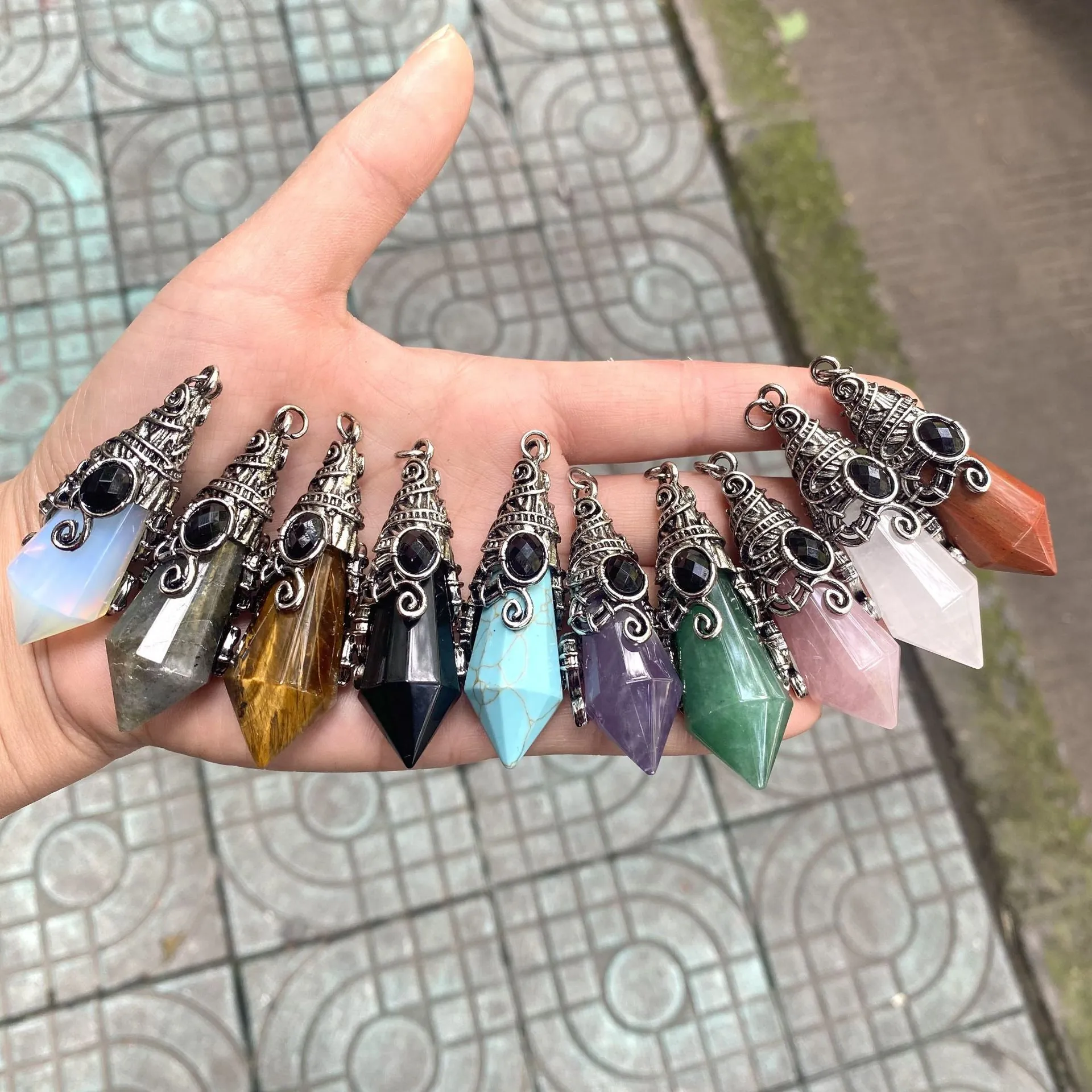 Vintage Hexagonal Cone Crystal Pendant Necklace With Bat Wing Metal Wrapping Palace Style Gothic Jewelry For Women