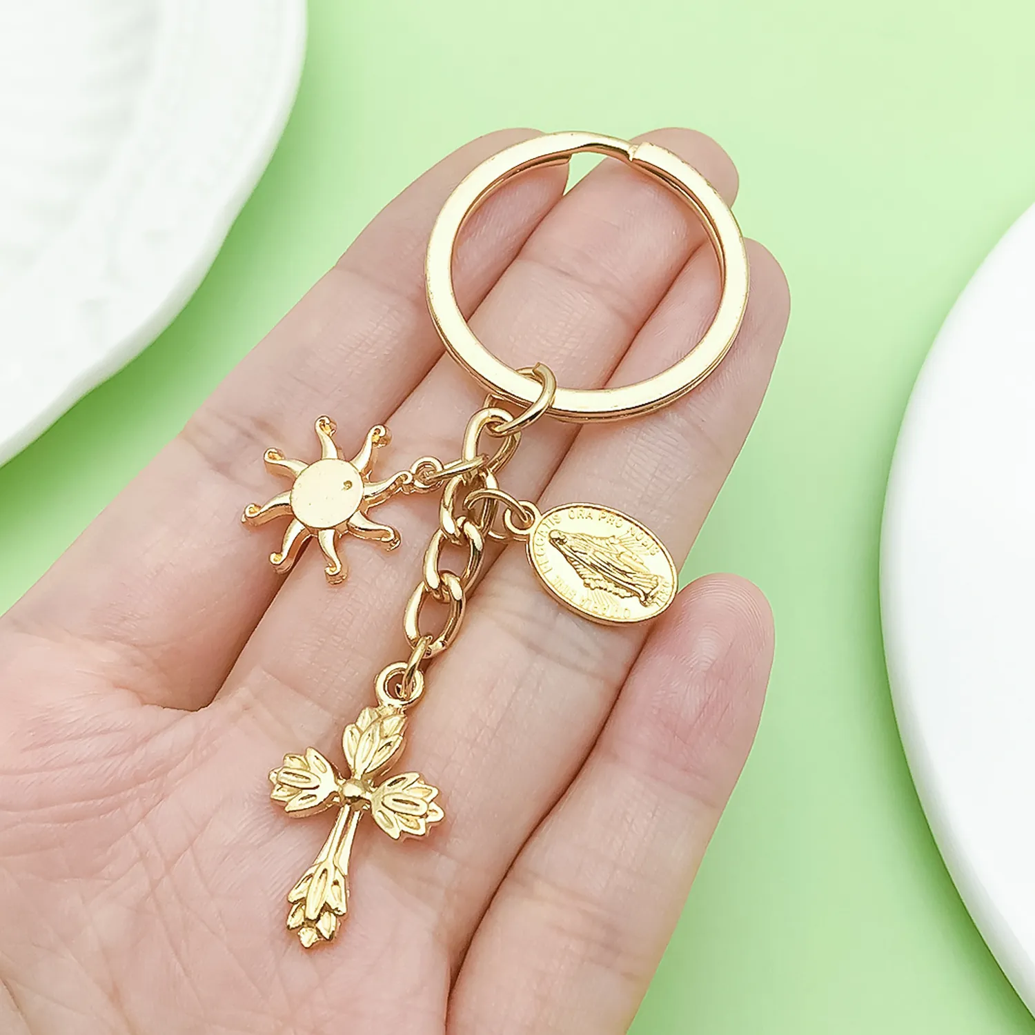 Vintage Alloy Cross Sun Moon Star Keychain Religious Angel Wings Gothic Bat Car Bag Charm Pendant Accessory