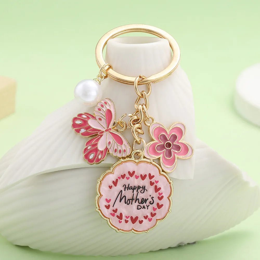 Llavero de Aleación Esmaltado Mariposa Flor Con Perla Artificial Colgante de Bolso Regalo Día de la Madre para Mujeres Mamá Colgantes