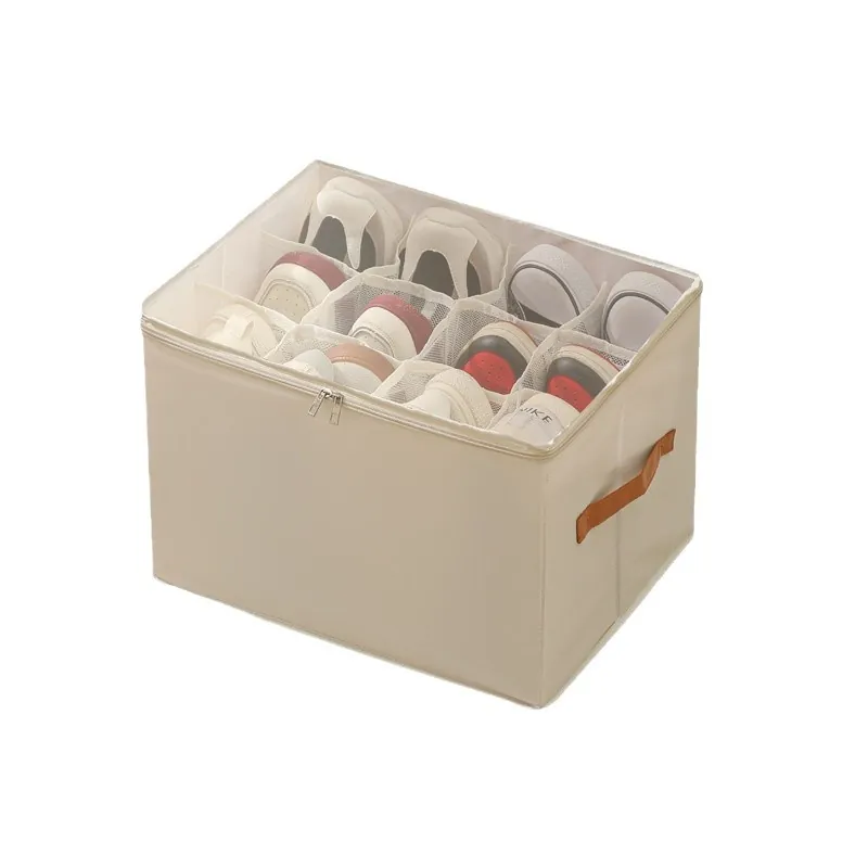 Foldable 12 Compartment Shoe Box Storage Organizer Underbed Closet Storage Box With Transparent Lid Handle Non-woven Oxford Fabric Bedroom Organization