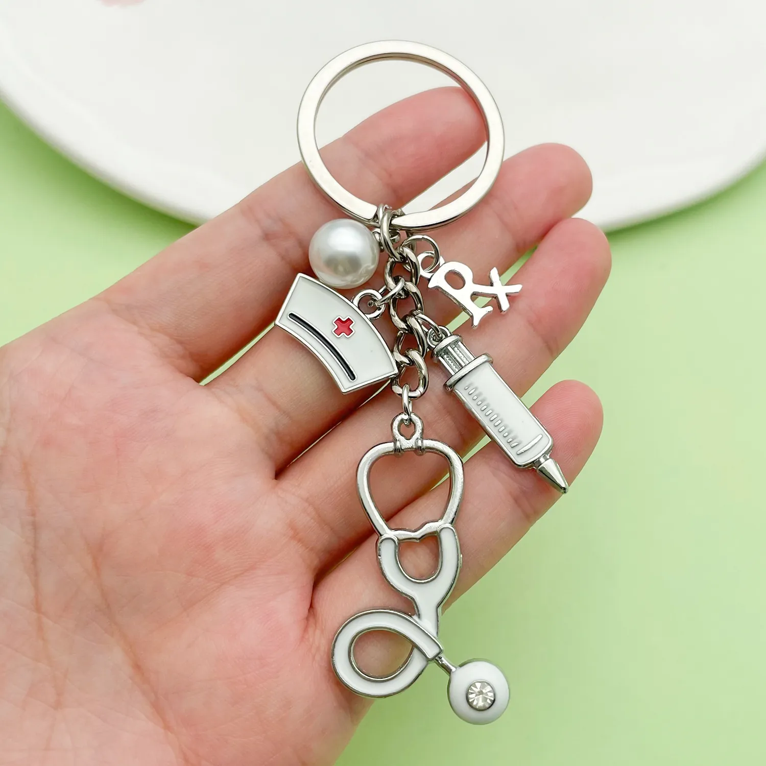 Medical Keychain Stethoscope Syringe Nurse Hat Rx Alloy Enamel Pendant Bag Charm Fashion Jewelry For Doctor Nurse Gift