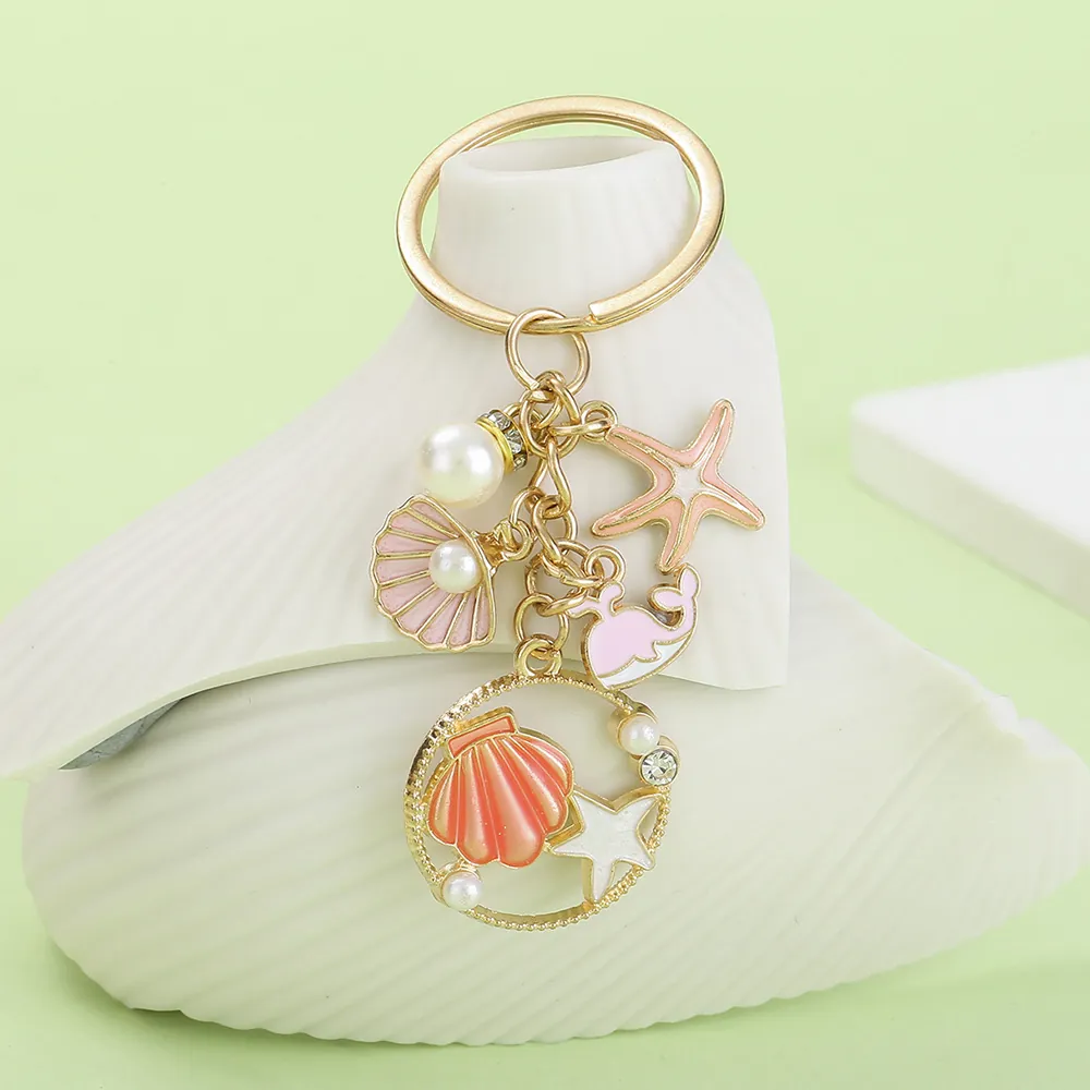 Ocean Series Enamel Alloy Keychain With Shell Starfish Dolphin Mermaid Artificial Pearl Rhinestone Bag Pendant For Women Jewelry Gift