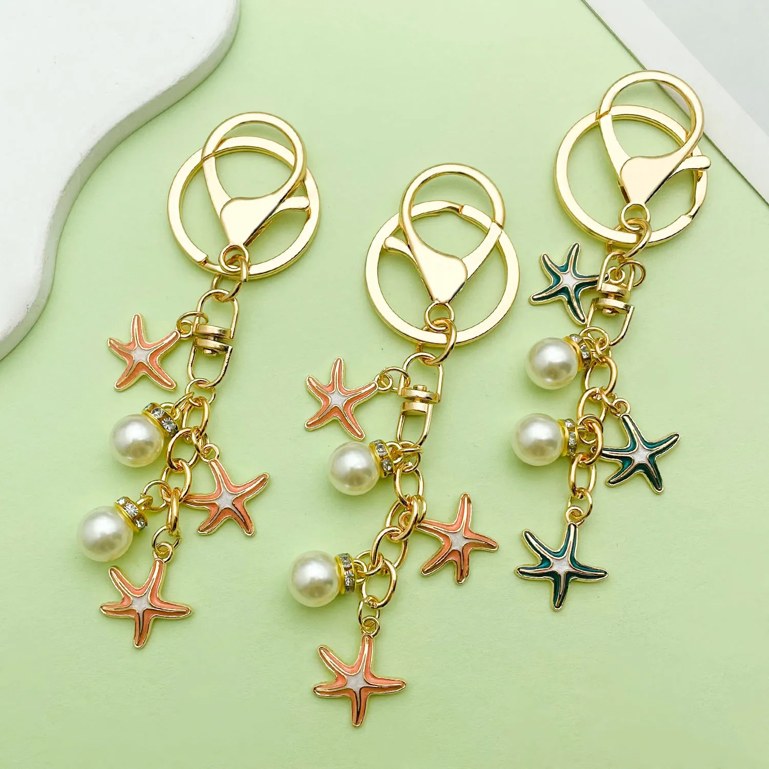 Handmade Enamel Starfish Artificial Pearl Keychain Nautical Shell Mermaid Tail Bag Charm For Women Girls Gift Jewelry Accessories