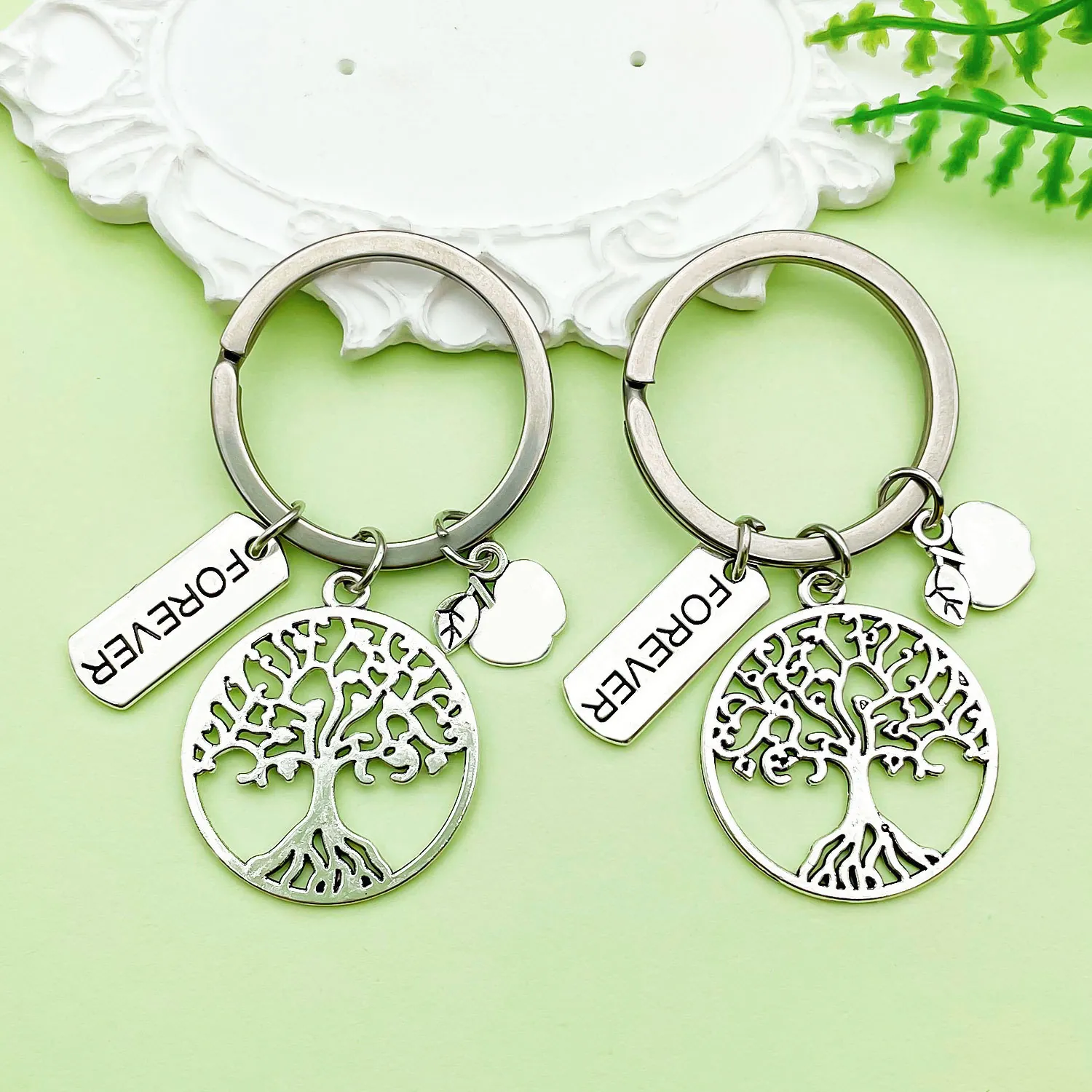 Porte-clés Arbre De Vie Alliage Argent Pendentif Pomme Coeur Merci Cadeau Enseignants Action De Grâce Femmes