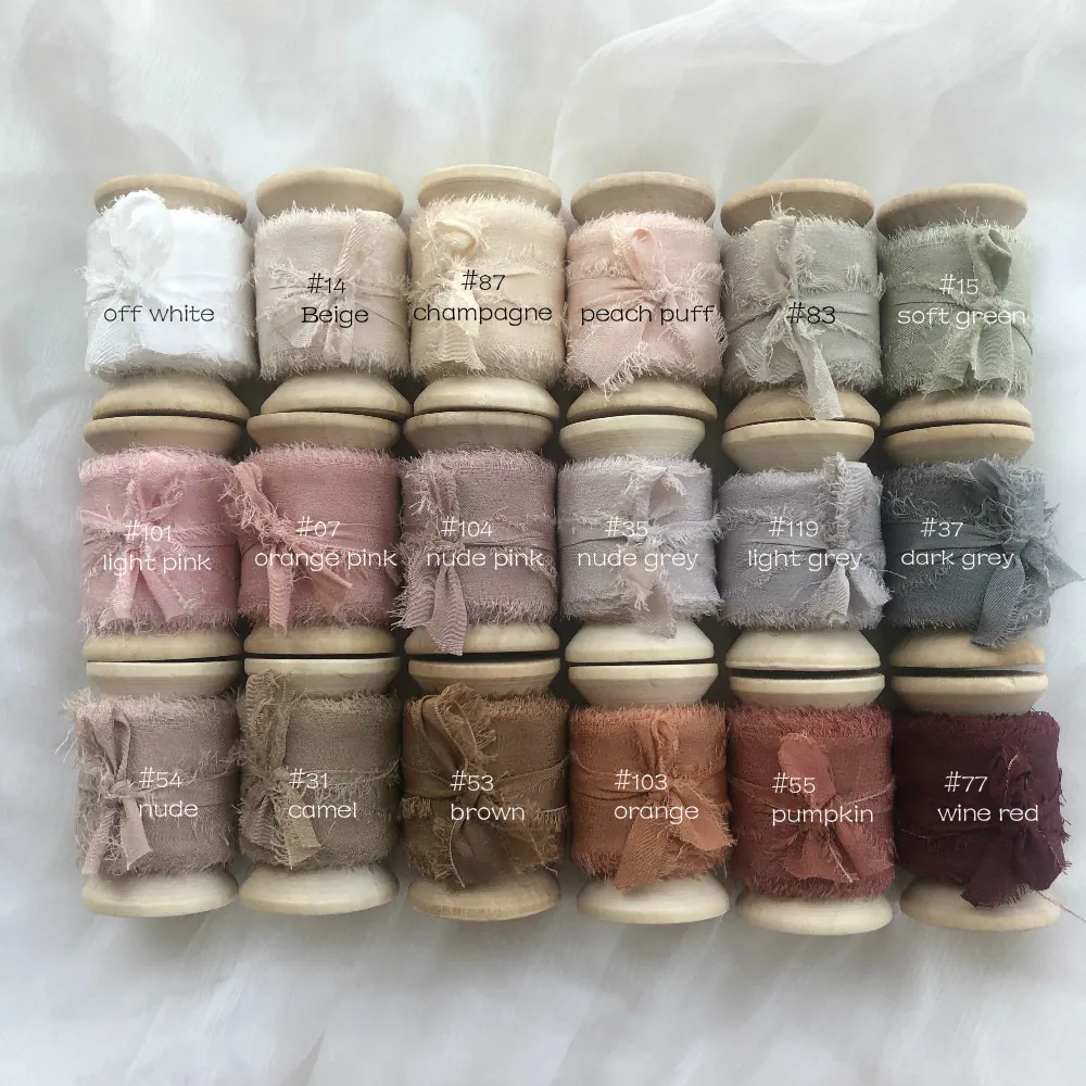 Real Silk Frayed Edge Ribbon Roll 5 Yards With Wooden Spool Hand-Frayed Chiffon Ribbon For Wedding DIY Craft Gift Wrap