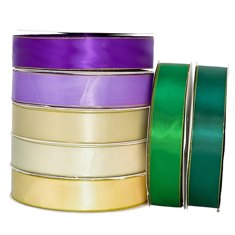 Polyester Ribbon With Gold Silver Metallic Edge Satin Ribbon For Gift Wrap Bouquet Bow Making Wedding DIY Crafts Accessories