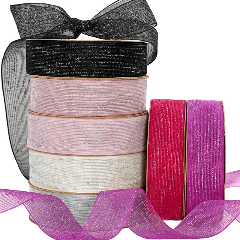Elegant Silver Point Gauze Ribbon Nylon Semi Transparent Metallic Glitter Fabric Ribbon For DIY Hair Bows And Gift Wrapping Soft Decorative Ribbon For Wedding Flower Bouquet