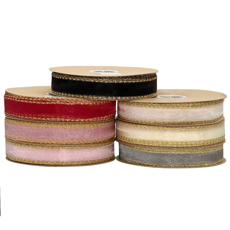 Korean Style Gold Edge Organza Ribbon Metallic Fringe Sheer Chiffon Ribbon For Gift Wrapping Bouquet Hair Bow Decor Wedding Party DIY Crafts